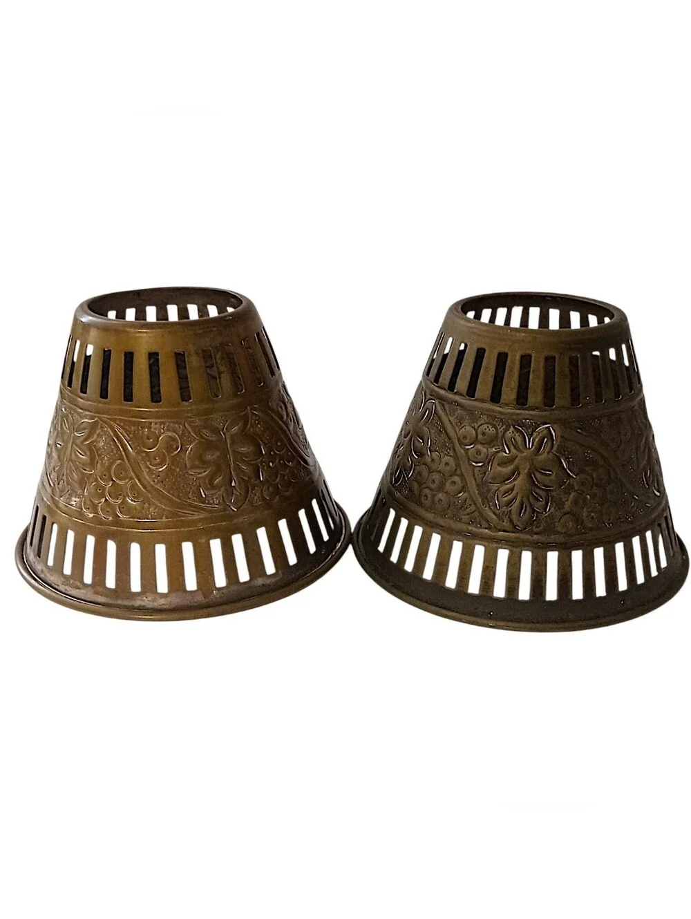2 Vintage Brass Candle Votive Shades Pair Pierced Embossed Grape Floral Patina